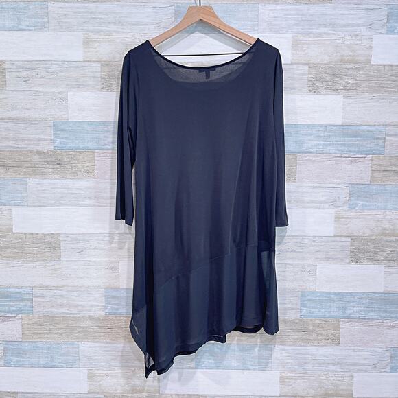 Eileen Fisher 100% Silk Asymmetric Sheer Mesh Hem Tunic Top Black Womens Large - Picture 4 of 6